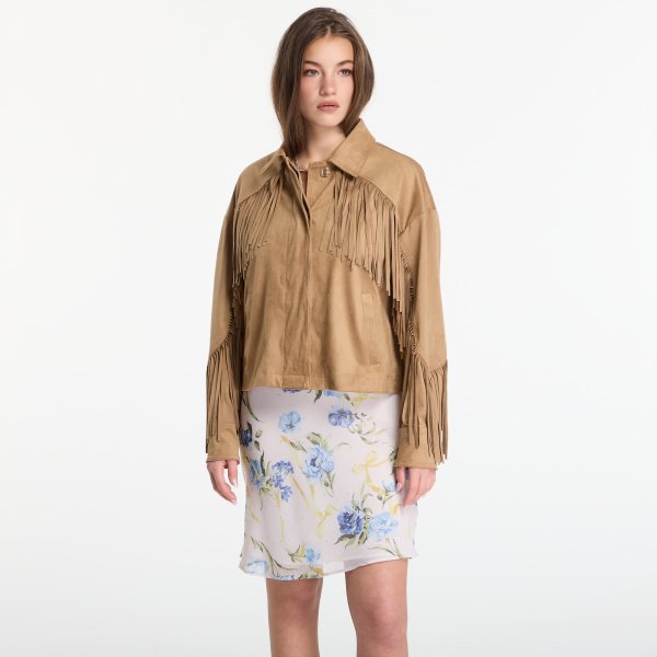 Bunda GUESS Ls Ibby Fringe Jacket Wet Sand M/L