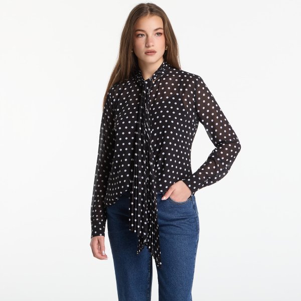 Košile Michael Kors Dot Pleat Bow Blouse Black/ White S