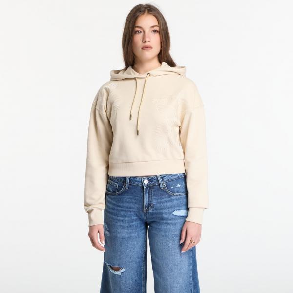 Mikina GUESS Ls Hooded Leaves Crop Sweatshirt Pearl Oyster M
