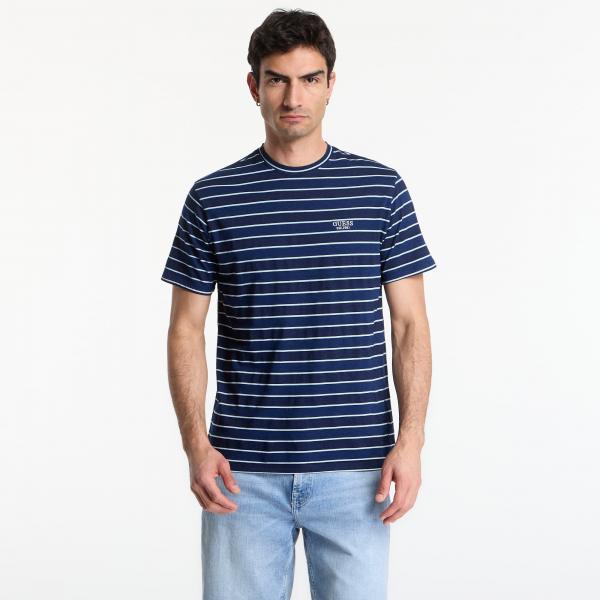 Tričko GUESS Cn Ss Indigo Stripes Embro Tee Dark Indigo White St L