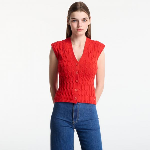Vesta Tommy Hilfiger Mid Gg Cable Vest Cardigan Fire Red L