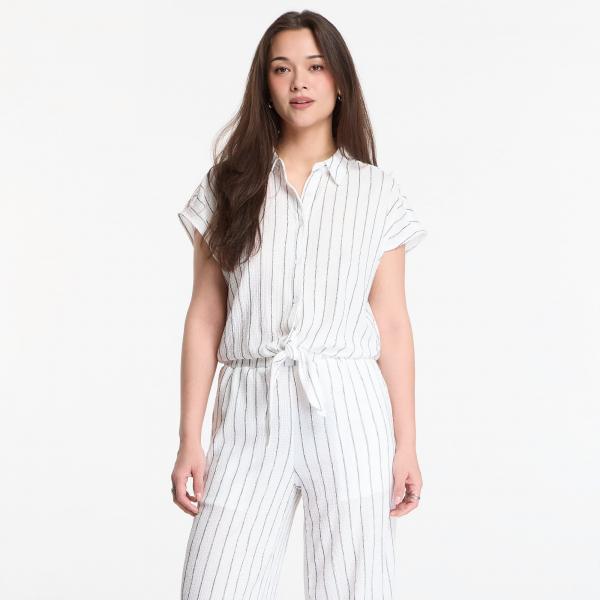Košile Urban Classics Ladies Structured Striped Tied Blouse Off White/ Black XS