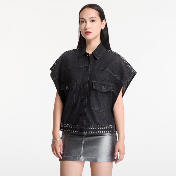 Košile AllSaints Alba Stud Ss Shirt Shadow Black 10