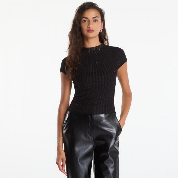 Tričko GUESS Ss Sheer Yoke Cn Perilla Ribbed Tee Jet Black/ Multi M