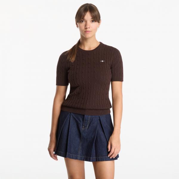 Svetr Gant Stretch Cotton Cable Ss C-Neck Dark Brown L