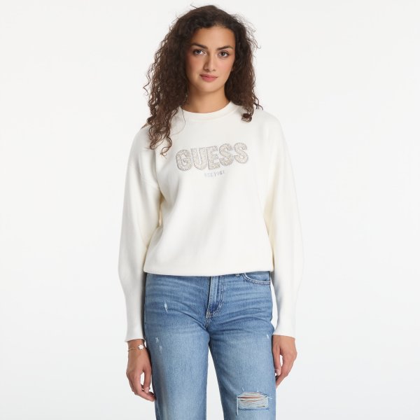 Svetr GUESS Ls Cn Madeline Logo Sweater Cream White XS