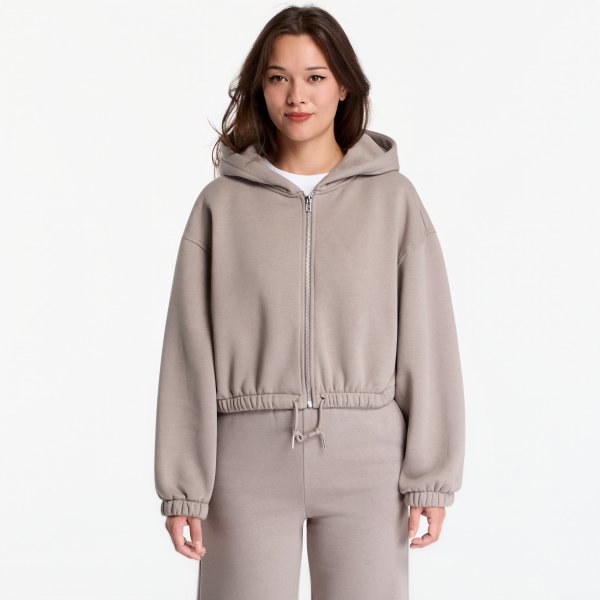 Mikina Urban Classics Fluffy Cropped Zip Hoodie Deep Taupe M