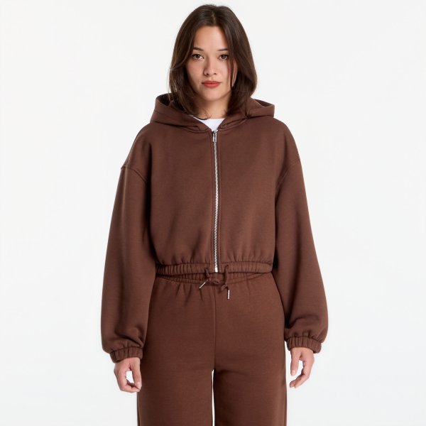 Mikina Urban Classics Fluffy Cropped Zip Hoodie Chocolate Brown XS