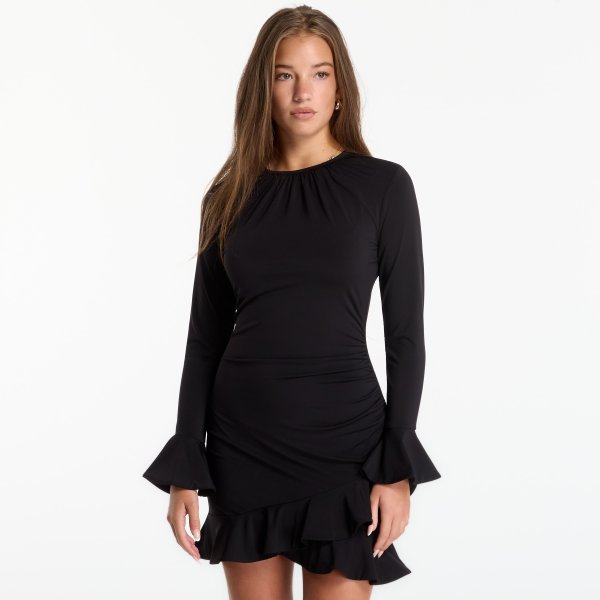 Šaty Michael Kors Ruched Ruffle Hem Dress Black S