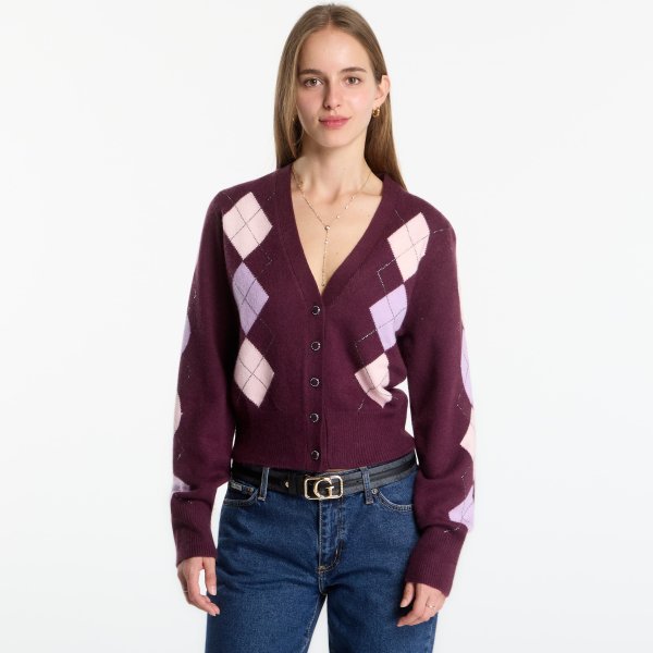Svetr GUESS Ls Vn Gracie Argyle Cardi Sweater Burgundy Argyle M