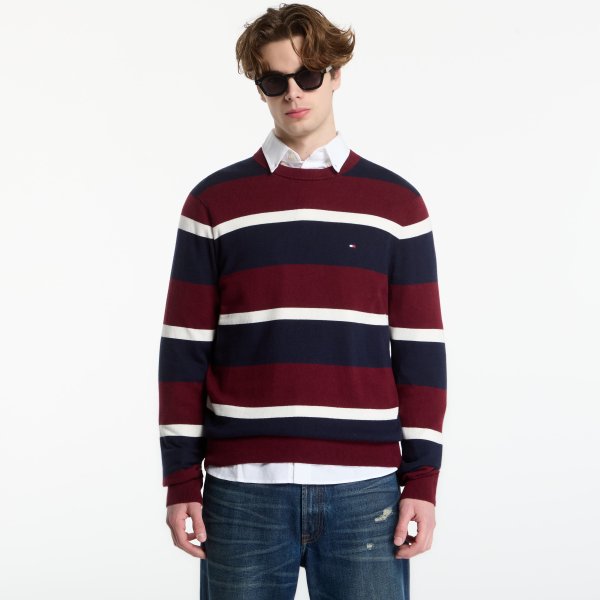Svetr Tommy Hilfiger Pima Organic Cotton Cashmere Crew Neck Burgundy/ Navy Blue/ Ivory Petal