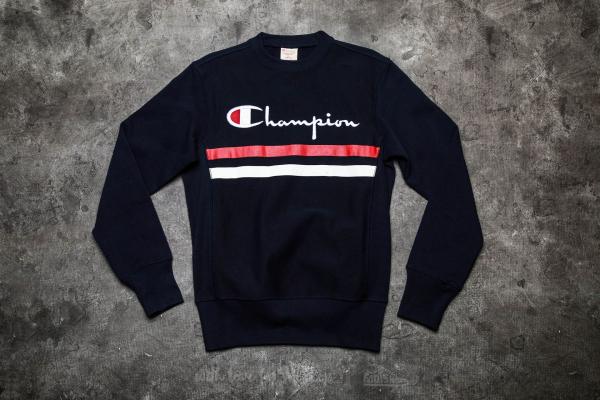 Champion Reverse Weave Logo Stripe Crewneck Sweatshirt Navy