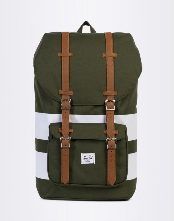 Batoh Herschel Supply Little America Forest Night / White Rugby Stripe / Tan Synthetic Leather