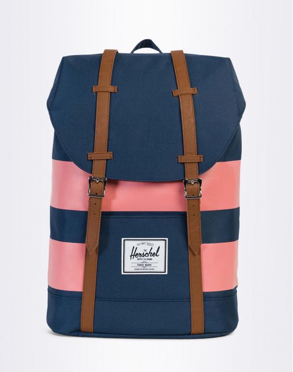 Batoh Herschel Supply Retreat Navy / Strawberry Ice Rugby Stripe / Tan Synthetic Leather