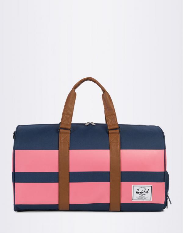 Taška Herschel Supply Novel Navy / Strawberry Ice Rugby Stripe / Tan Synthetic Leather
