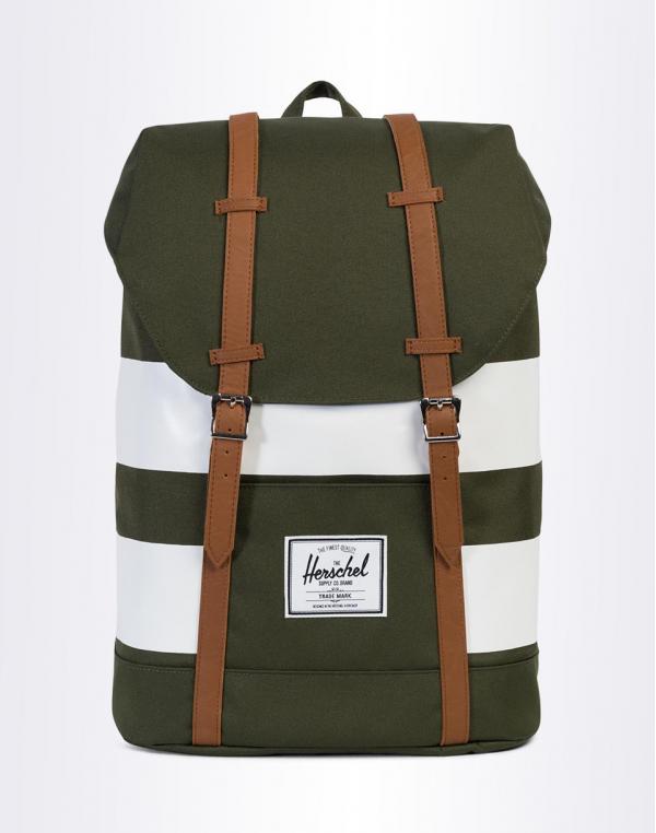Batoh Herschel Supply Retreat Forest Night / White Rugby Stripe / Tan Synthetic Leather